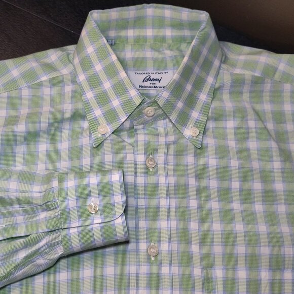 Brioni Made in Italy L/S Button Down Green/White Plaid Shirt Men's LARGE - Picture 1 of 7